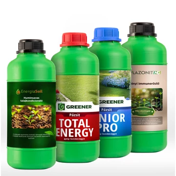 1 literes flakonokban Huminsavas talajkondicionáló, Total Energy lombtrágya gyepre, Junior Pro lombtrágya gyepre és Növényi immunerősítő készítmény